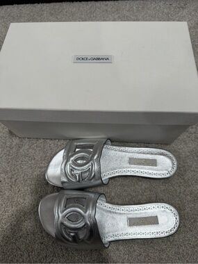 Dolce & Gabbana Metallic Silver Leather Slide Mules